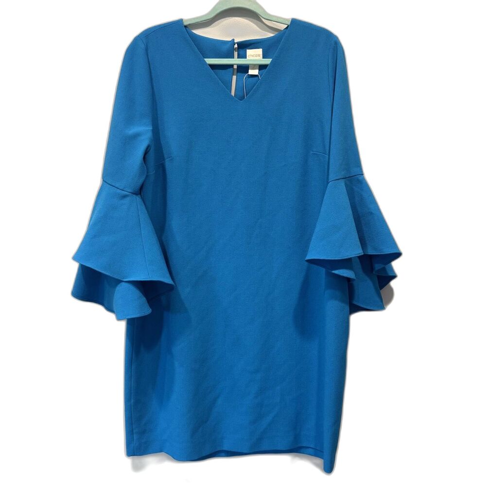 NWOT Chico's Shift Dress Blue Bell Sleeve Knee Length Office Women sz 2 Large 12